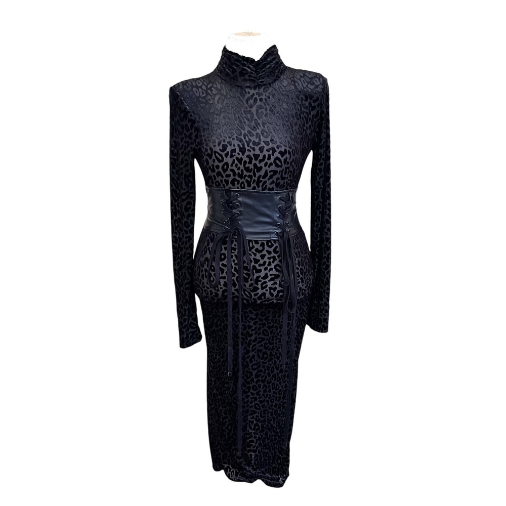 Capsulle Whimsigoth Leopard Corset Dress Medium Black Burnout Velvet Sheer Mesh